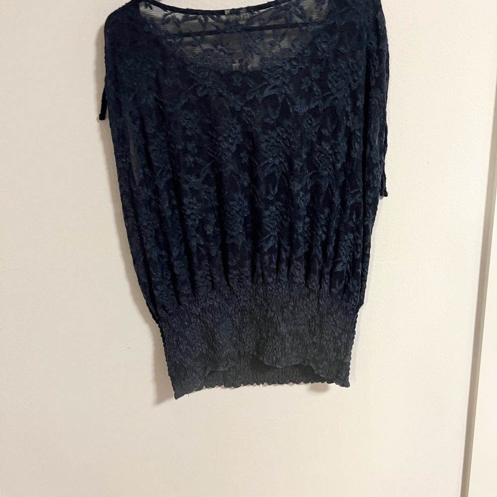 NWT Anthropologie Deletta Navy Blue Loretta Knit Lace Mesh Sheer Banded Hem Top - Picture 8 of 10